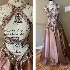 Party time prom dress size 12 women’s beads dusty pink brown bridesmaid dress